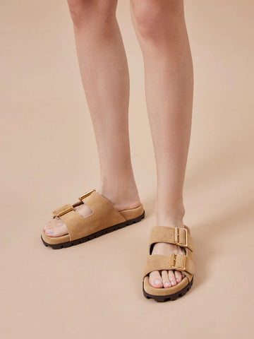 PAZZION, Alaia Buckled Suede Slides, Almond